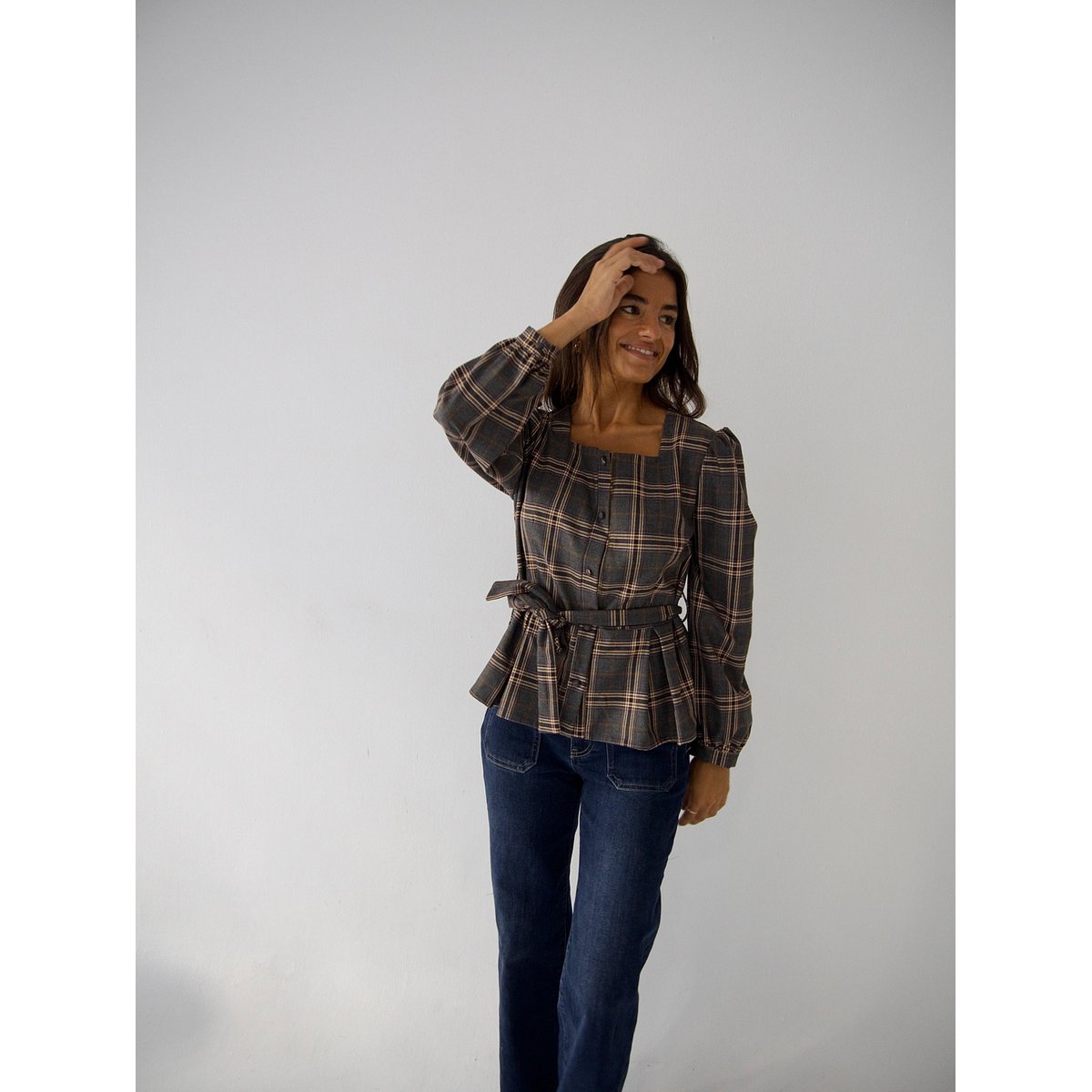 Blouse carreaux col carré BETH gris / bordeaux, MINDTRAVELER