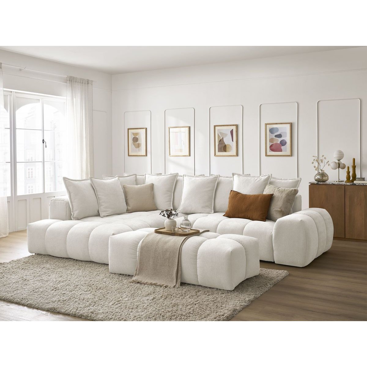 Canapé d'angle convertible 4 places en tissu texturé avec pouf, EVEREST blanc, BOBOCHIC