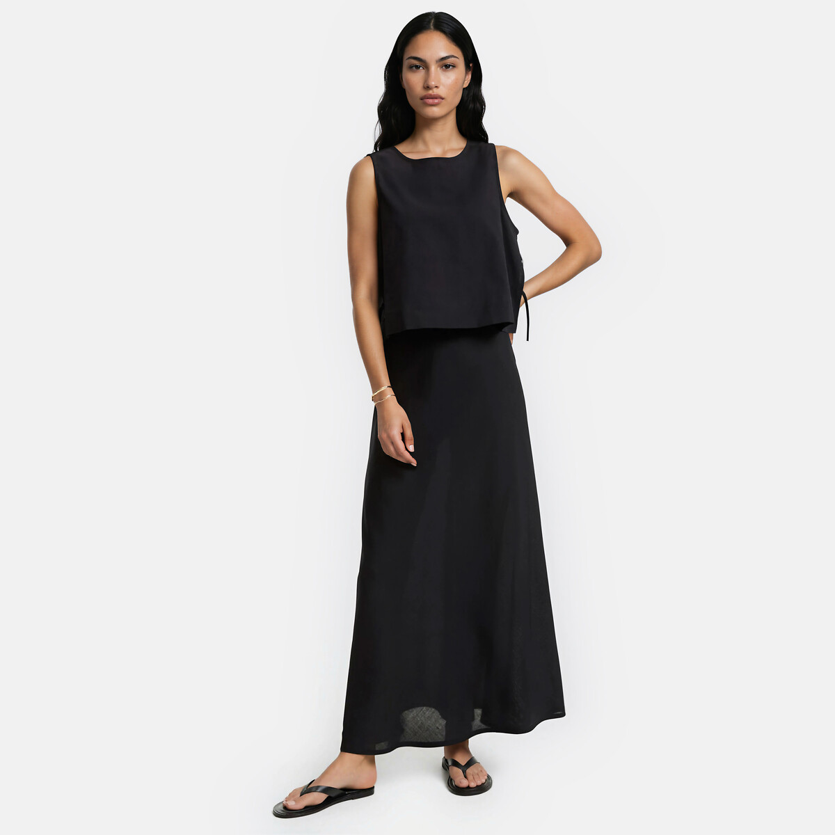 Jupe longue évasée en viscose et lin noir, LA REDOUTE COLLECTIONS