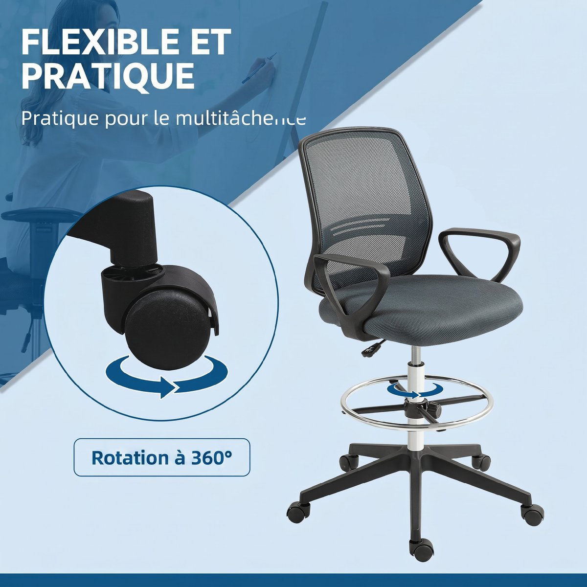 Chaise de bureau pour poste de travail debout gris, HOMCOM