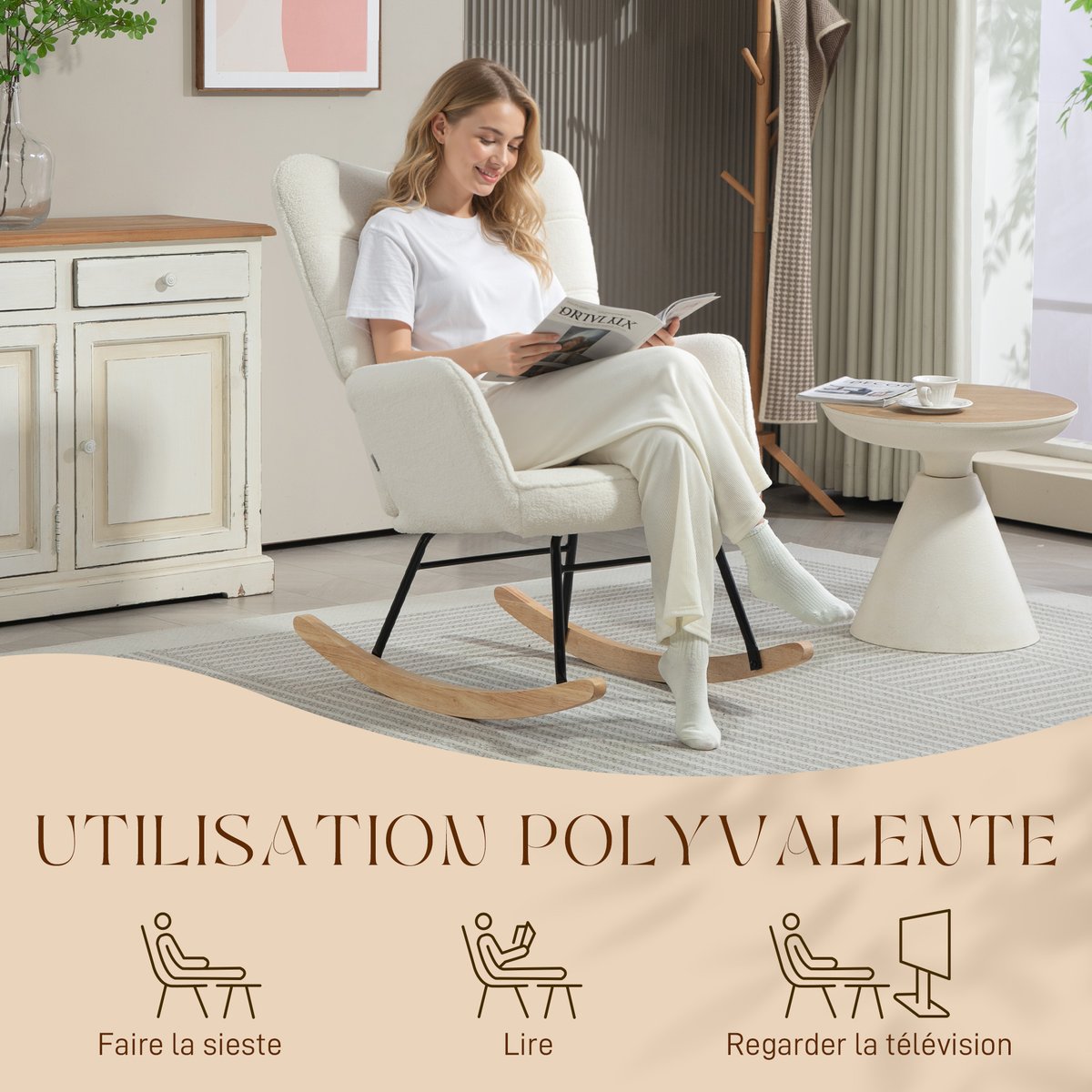 Fauteuil à bascule Revêtement bouclette Blanc blanc, HOMCOM