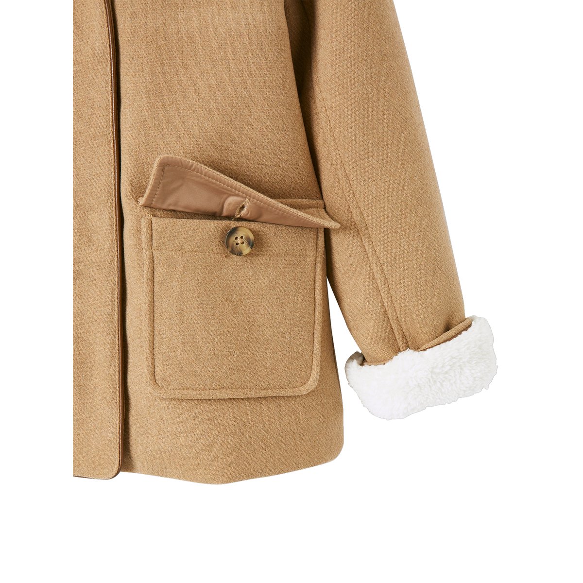Manteau à capuche en drap de laine doublé sherpa chamois, VERTBAUDET