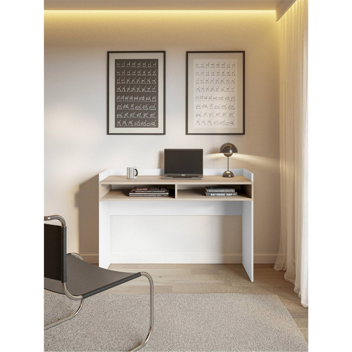 Bureau compact bois collection TABISE 2 niches blanc et noyer, RECOLLECTION