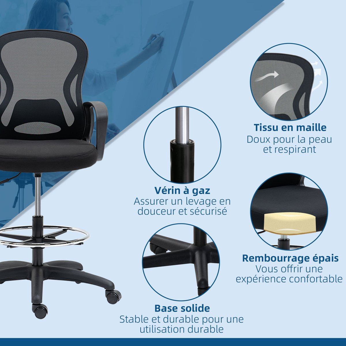 Chaise de bureau pour poste de travail debout noir, HOMCOM