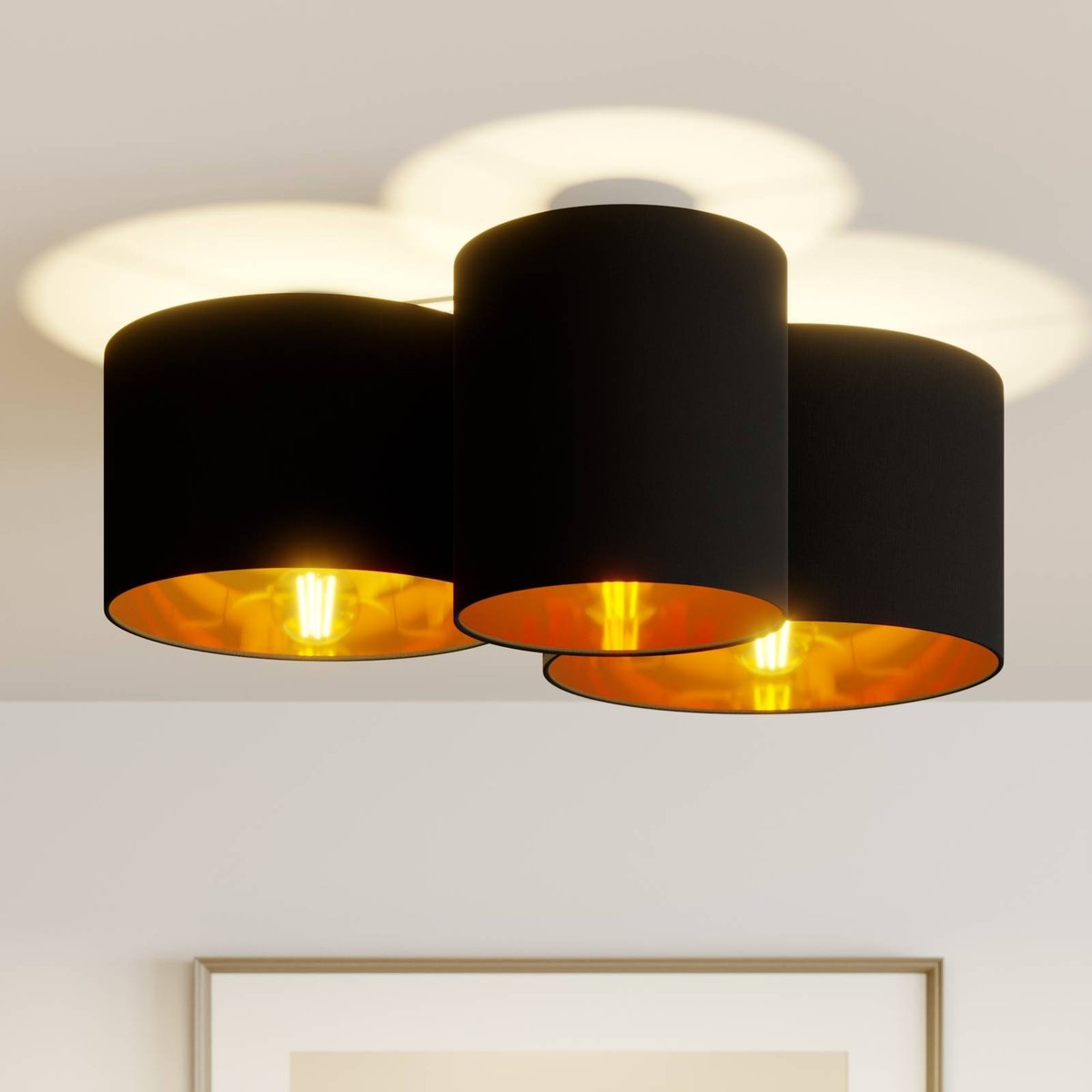 Plafonnier en textile moderne, Laurenz noir, doré, LINDBY