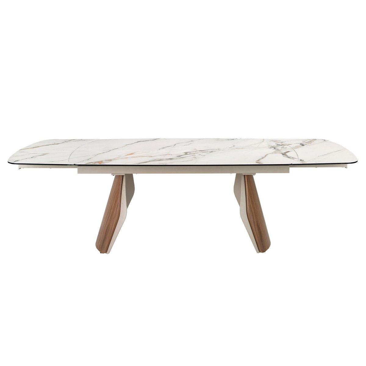 Table de salle à manger extensible ovale en forme de tonneau en marbre porcelanique, acier et bois blanc | sable | noyer, ANGEL CERDA