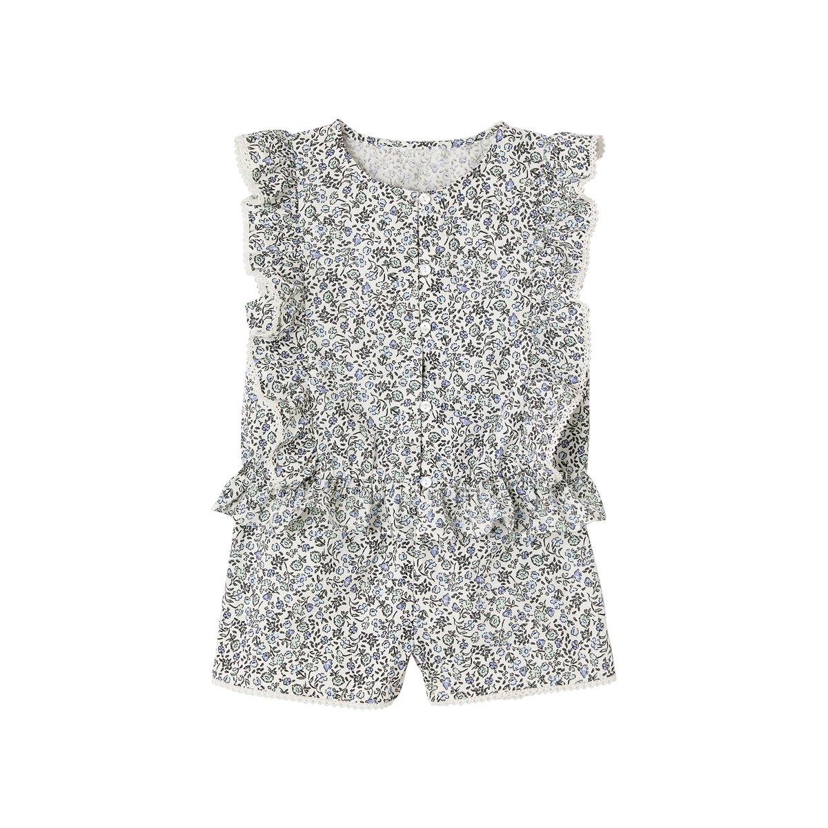 Ensemble blouse + short cérémonie bleu imprimé, VERTBAUDET
