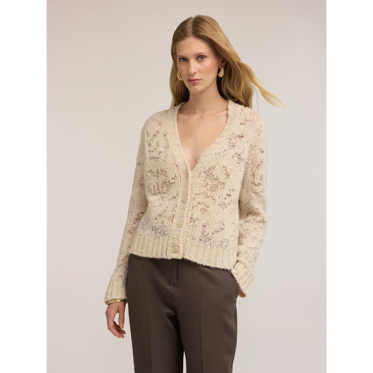 Cardigan avec travail ajouré beige, MOTIVI