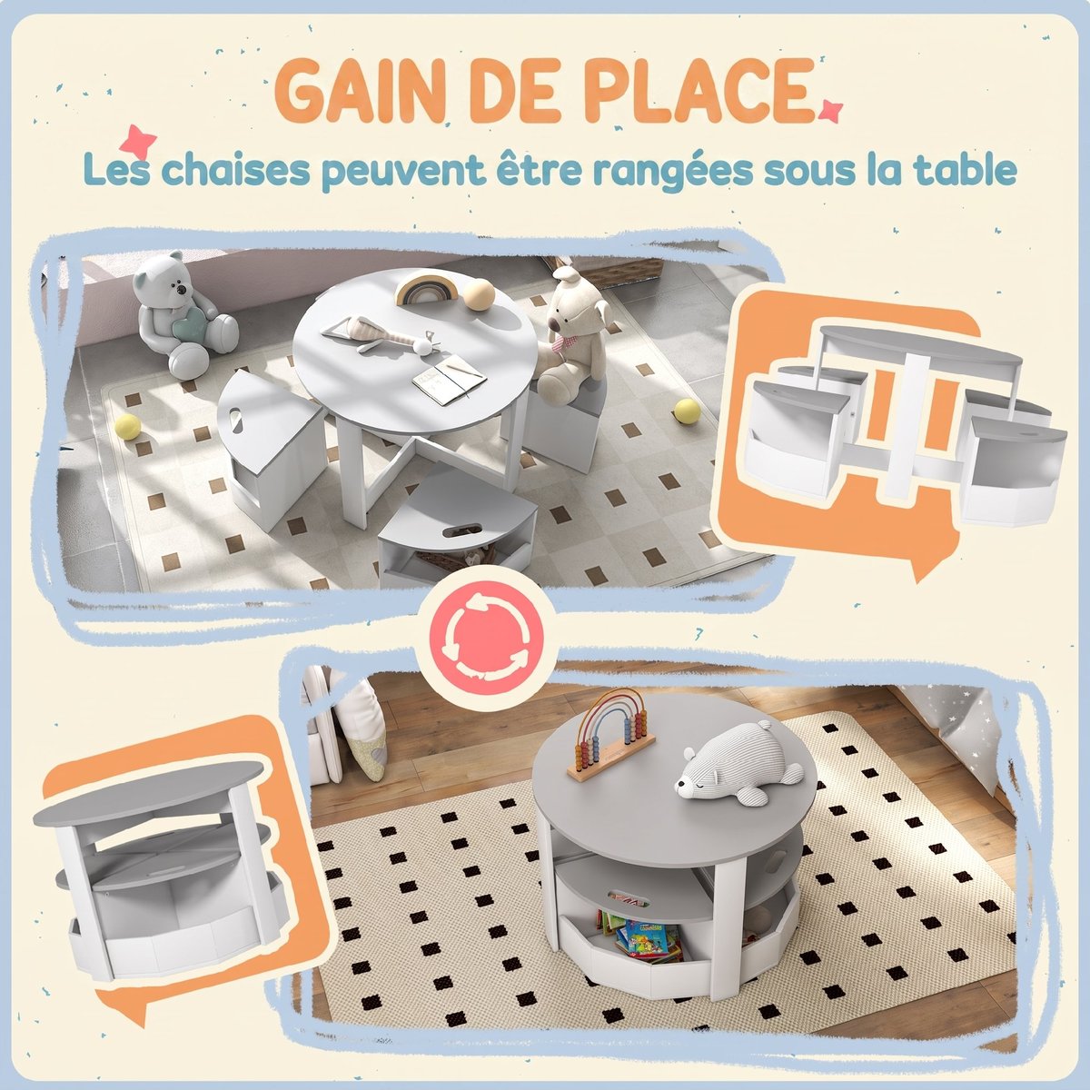 Ensemble table et chaises pour enfants MDF couleur unique, AIYAPLAY