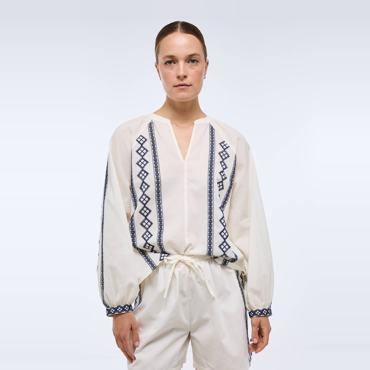 Top brodé manches trois quarts en coton blanc, MONOPRIX