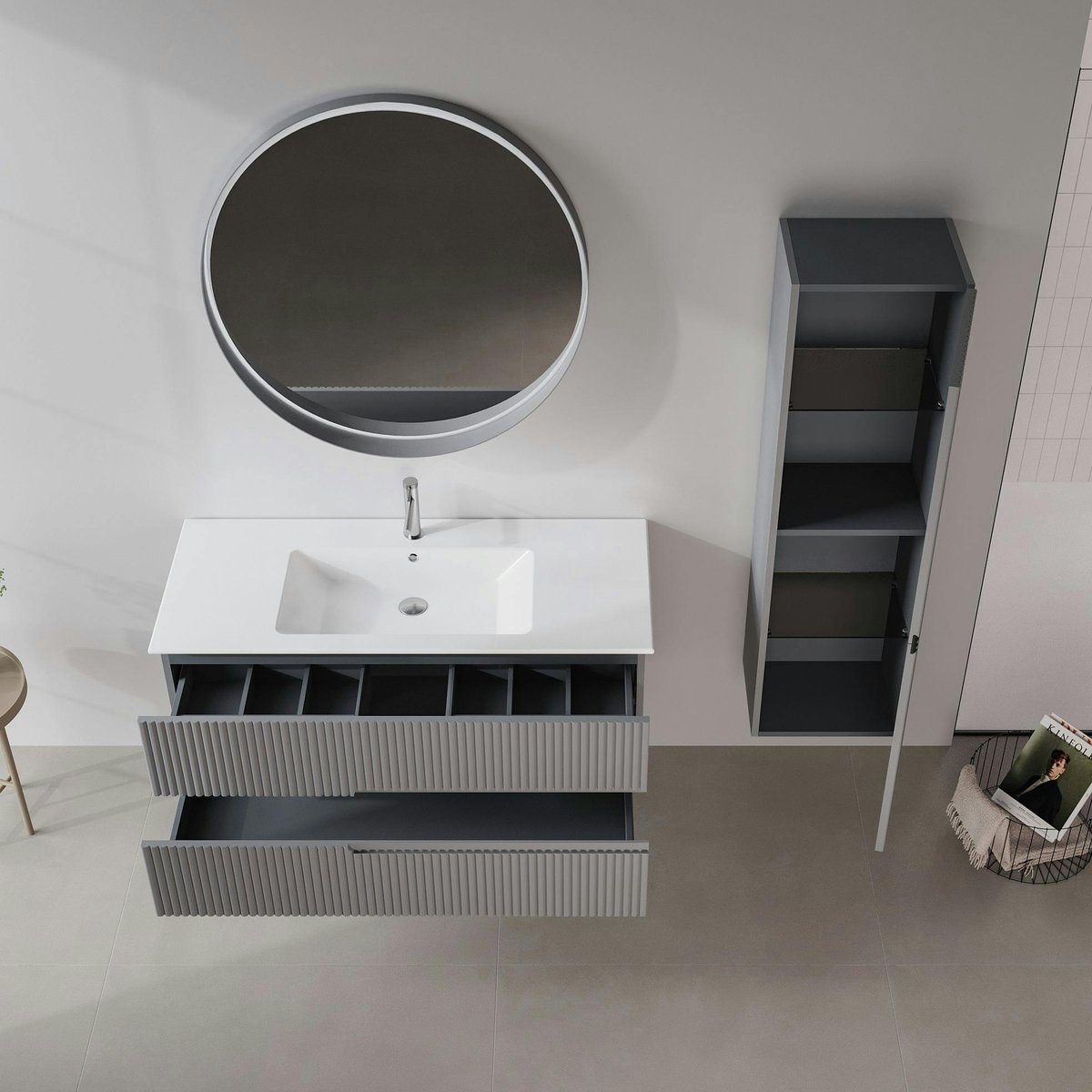 Meuble vasque suspendu 120 cm, 2 tiroirs rainurés ORA gris, PIER IMPORT