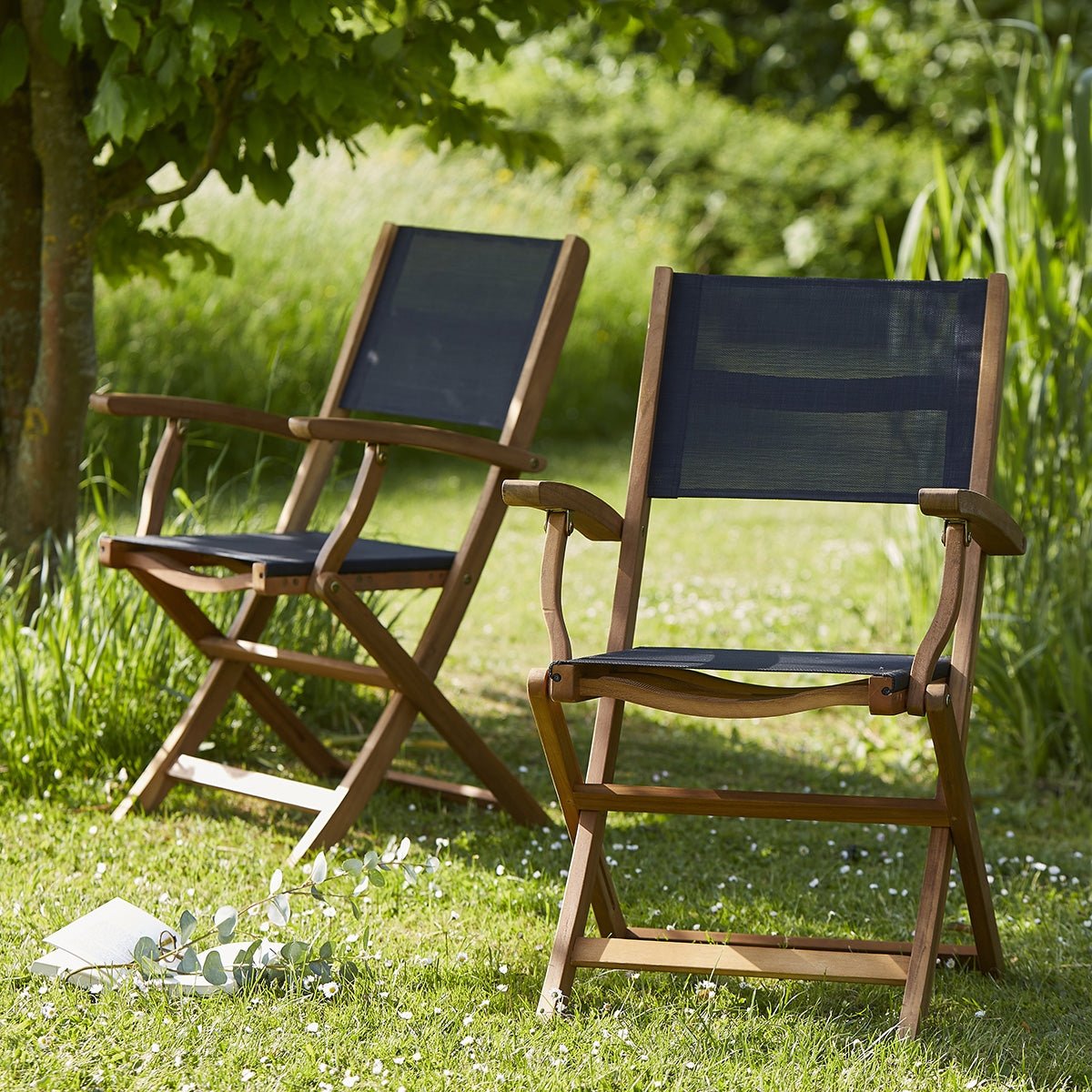 Lot de 2 fauteuils de jardin en acacia et textilène pliant HANOÏ noir, BERAH GETAH