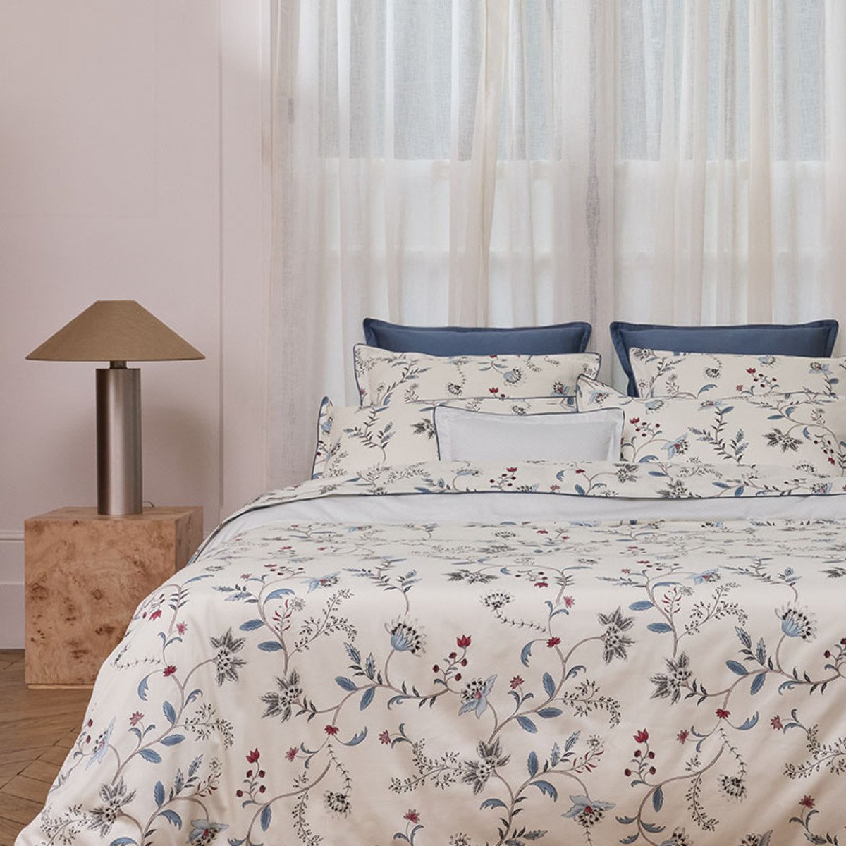 Drap plat imprimé en satin de coton bio, JARDIN D'HIVER blanc, ALEXANDRE TURPAULT