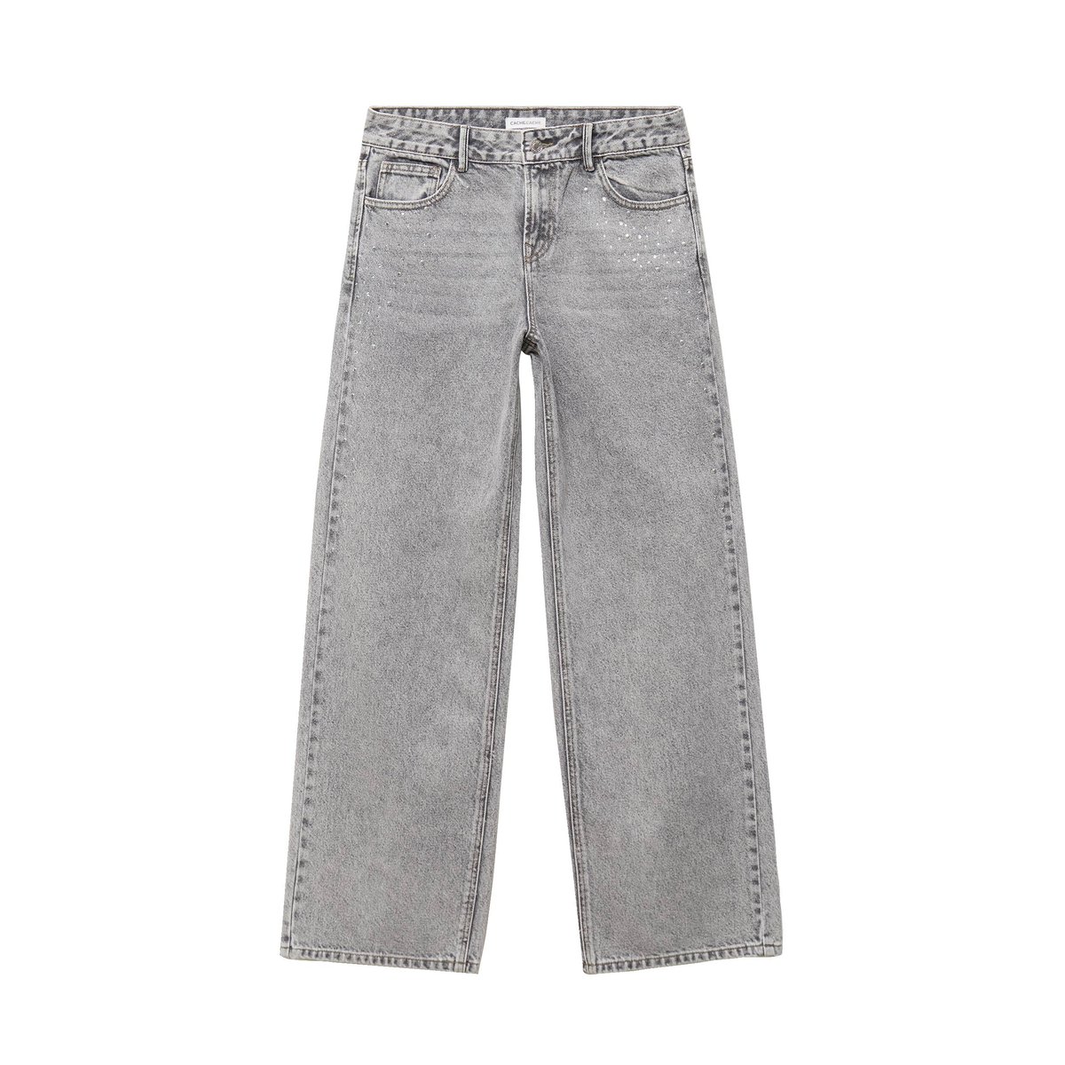 Jean wide leg taille basse strass denim gris, CACHE CACHE