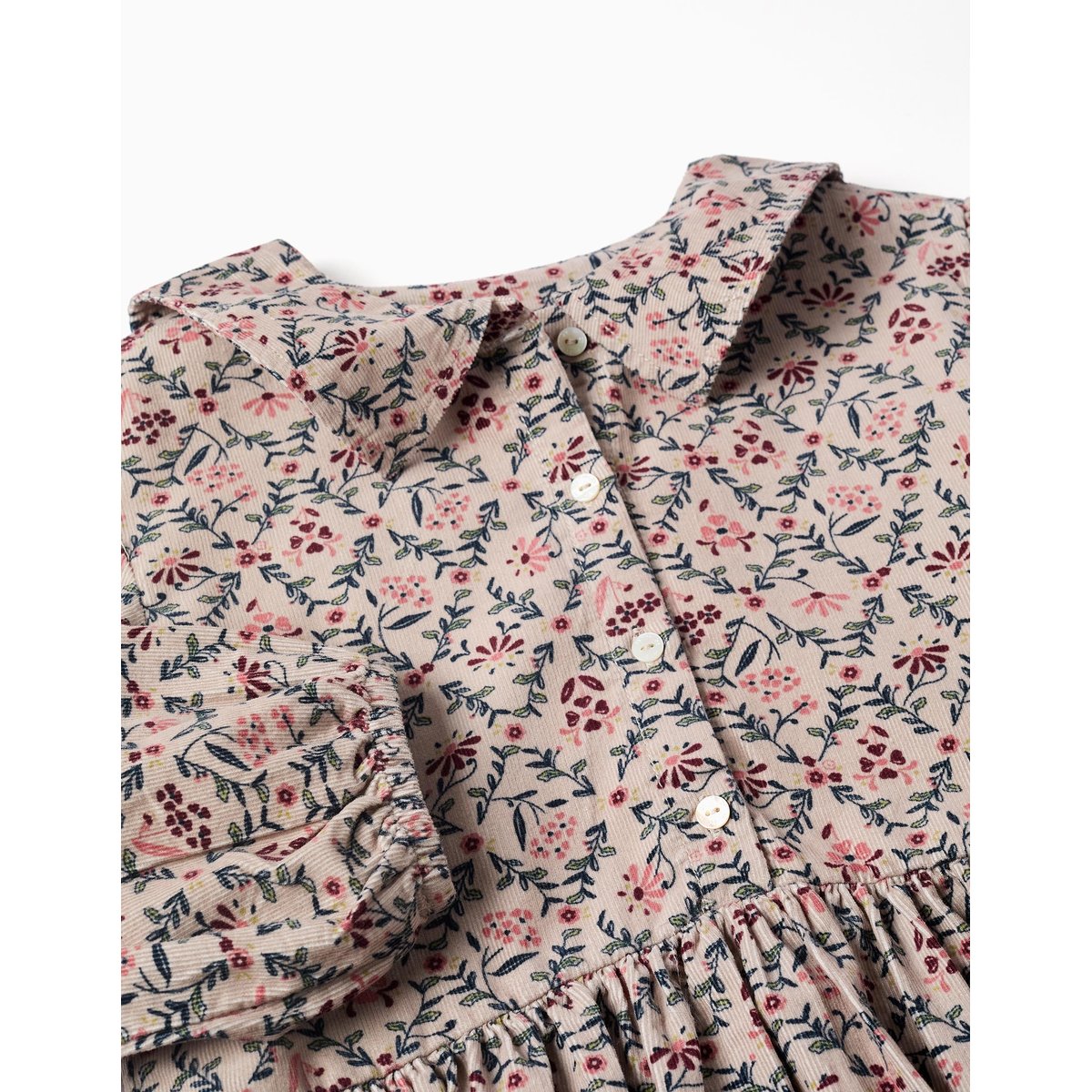 Robe en velours côtelé à manches longues avec motif floral beige clair, ZIPPY