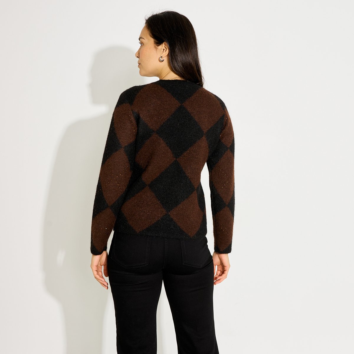 Pull motif jacquard strass marron chocolat, GRAIN DE MALICE