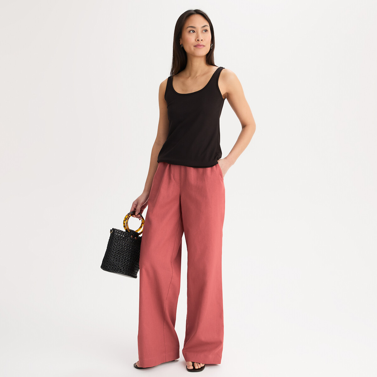 Broek met wijde pijpen van linnen en katoen met elastische tailleband steenrood, ANNE WEYBURN