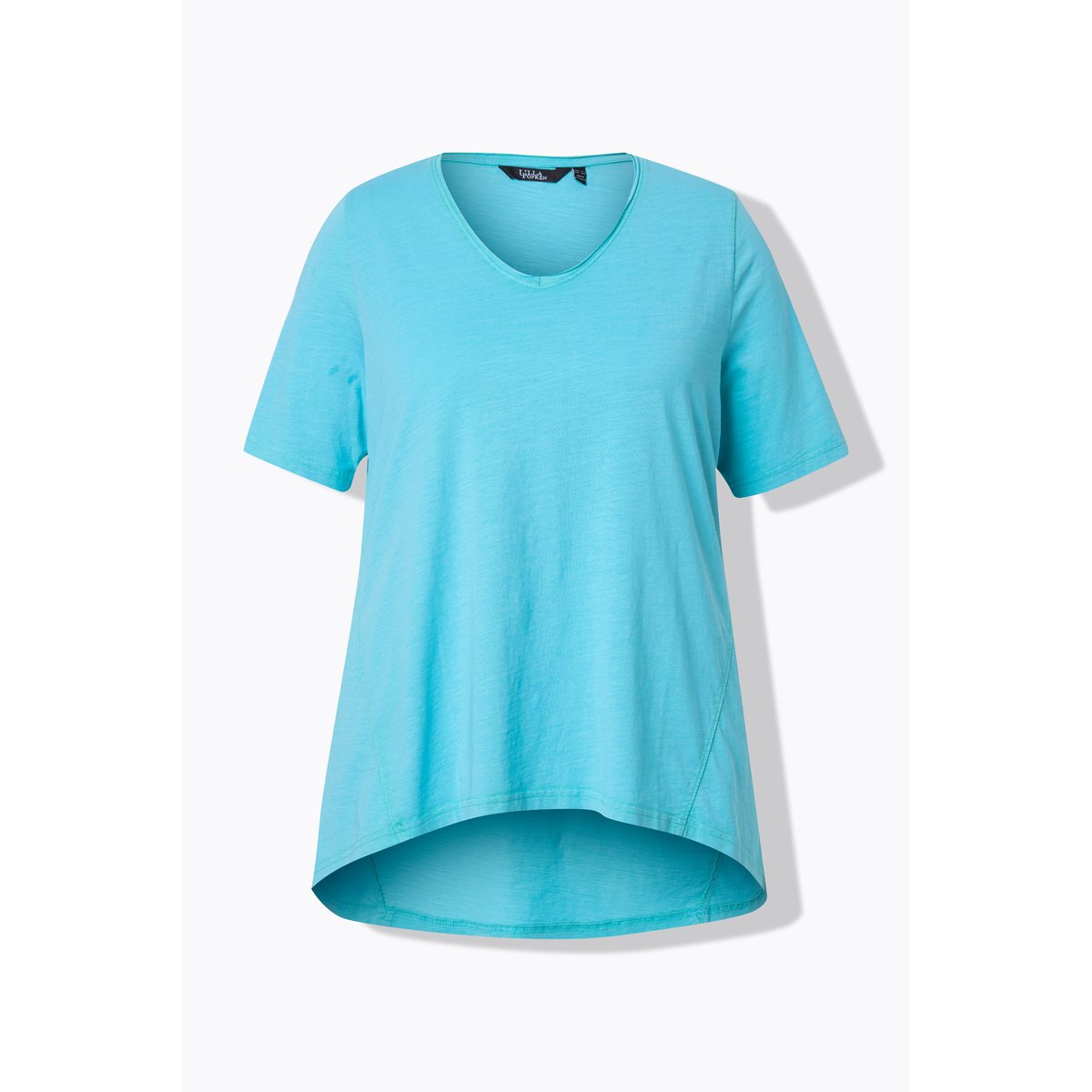 T-shirt à coupe évasée. Col en V et manches aqua foncé, ULLA POPKEN