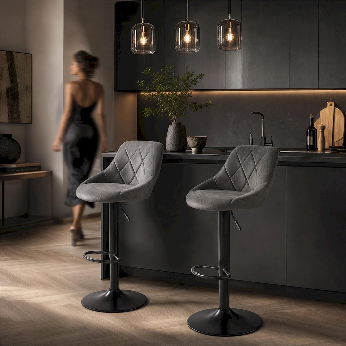 Tabouret de bar réglable en velours matelassé gris cendré velours, RECOLLECTION