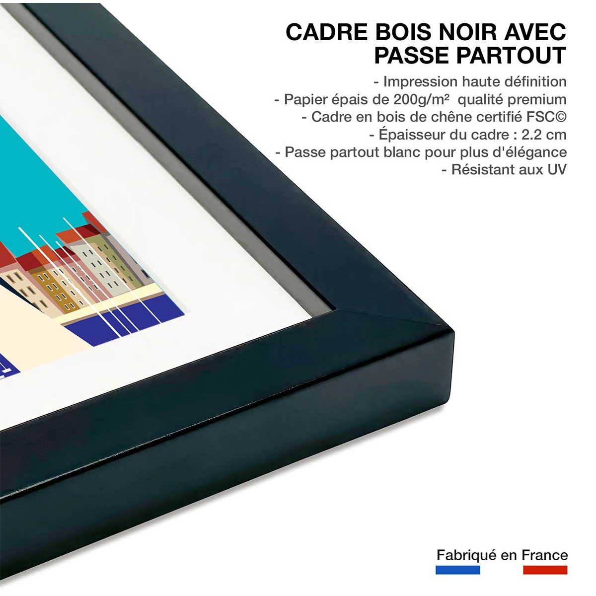 Poster un pastis sur le vieux port affiche + cadre en bois - noir, HEXOA