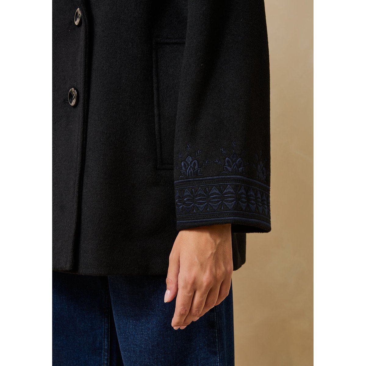 Manteau caban ample en laine noir/bleu, LA FEE MARABOUTEE