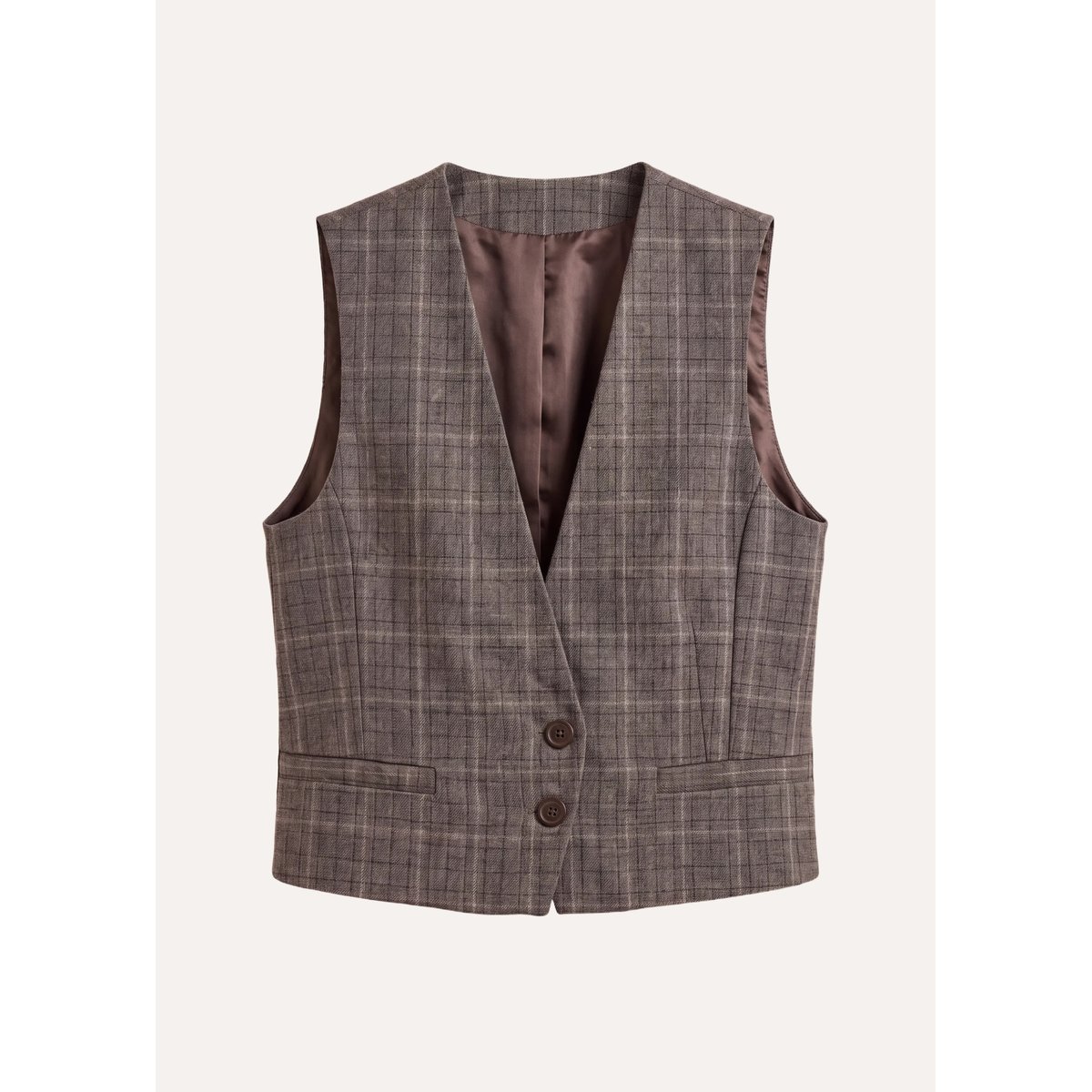 Veste sans manches col V à carreaux marron, LA FEE MARABOUTEE