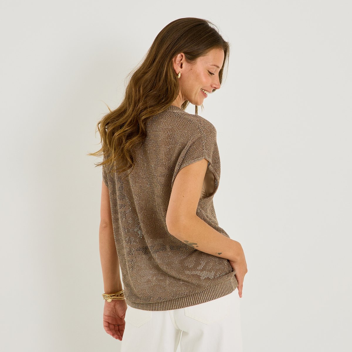 Pull manches courtes brillant marron moka, GRAIN DE MALICE