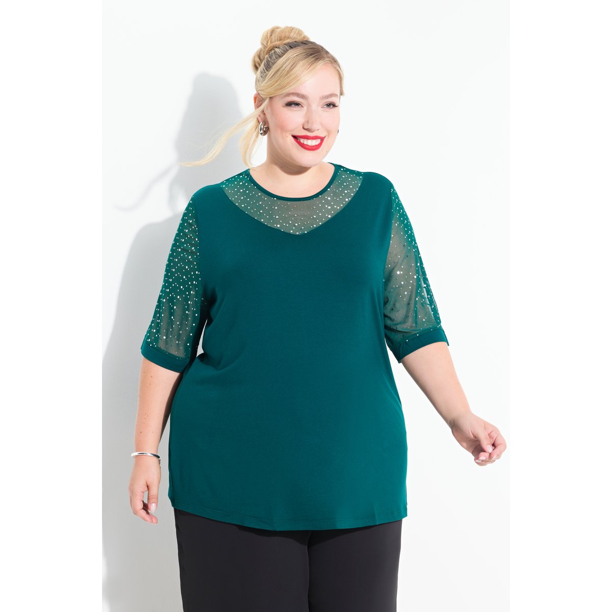 T-shirt à coupe Classic Fit. Voile en mesh vert foncé, ULLA POPKEN