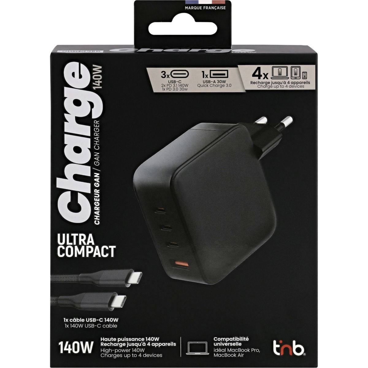 Chargeur ordinateur portable 140W GaN USB-C / USB-A Noir couleur unique, TNB