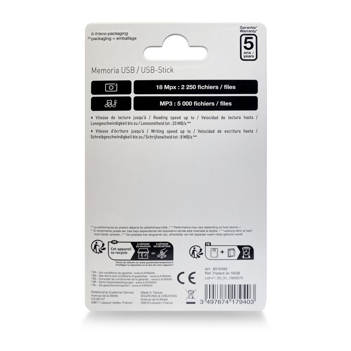 Clé USB Tripack x 3 16Go couleur unique, ESSENTIEL B