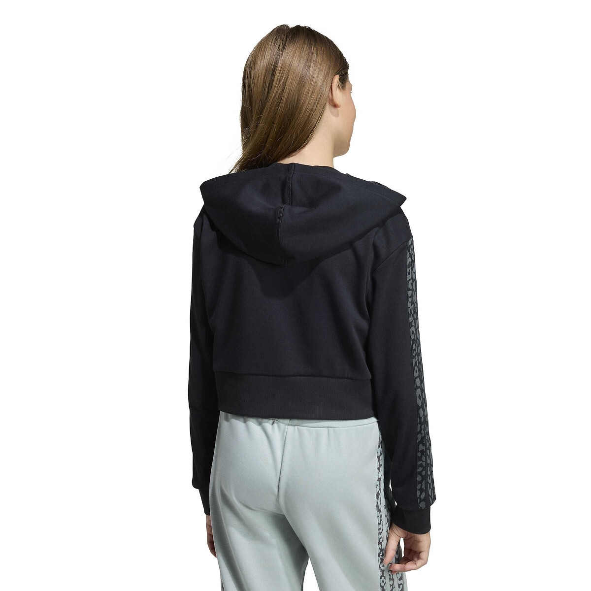 Sudadera de forro polar con capucha, cremallera y estampado de leopardo negro, ADIDAS SPORTSWEAR