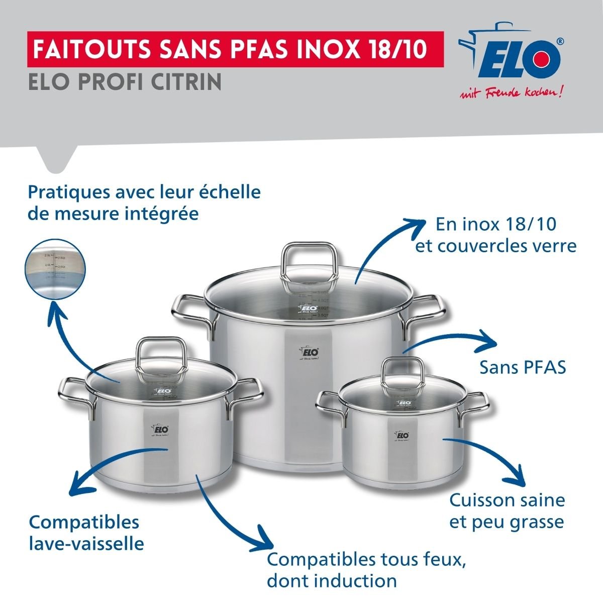 Batterie 1 poêle 28cm + 3 faitouts 16/20/26cm PROFI CITRIN inox, ELO