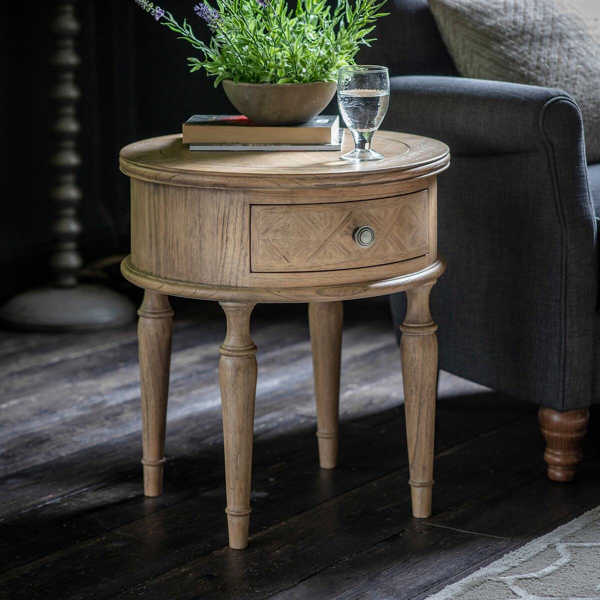 Nashik 1 Drawer Round Ash Wood Parquet Side Table natural, ÉDITÉ