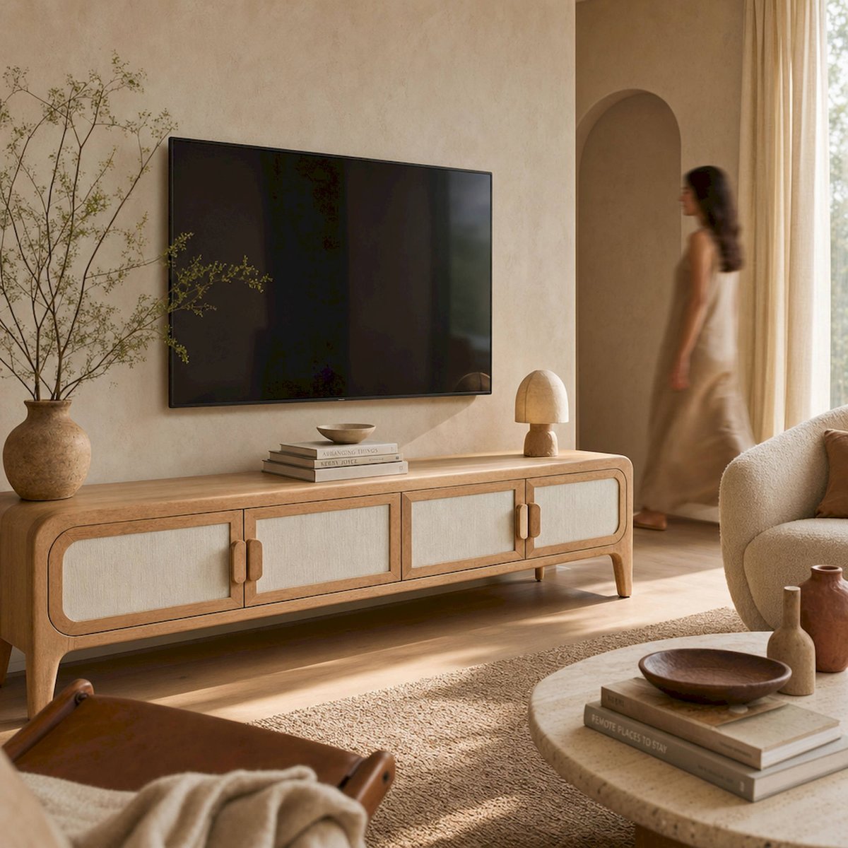 Meuble tv scandinave en manguier collection lattes bois brun et beige, RECOLLECTION