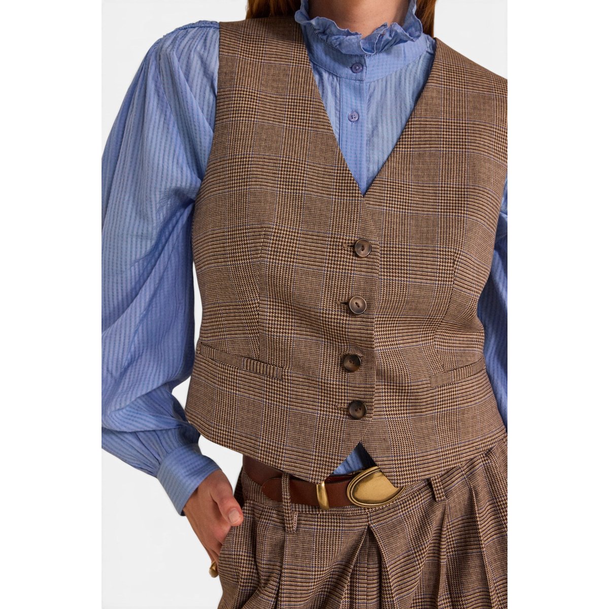 Gilet imprimé prince de galles sans manches BABEL camel fonce, Maison 123