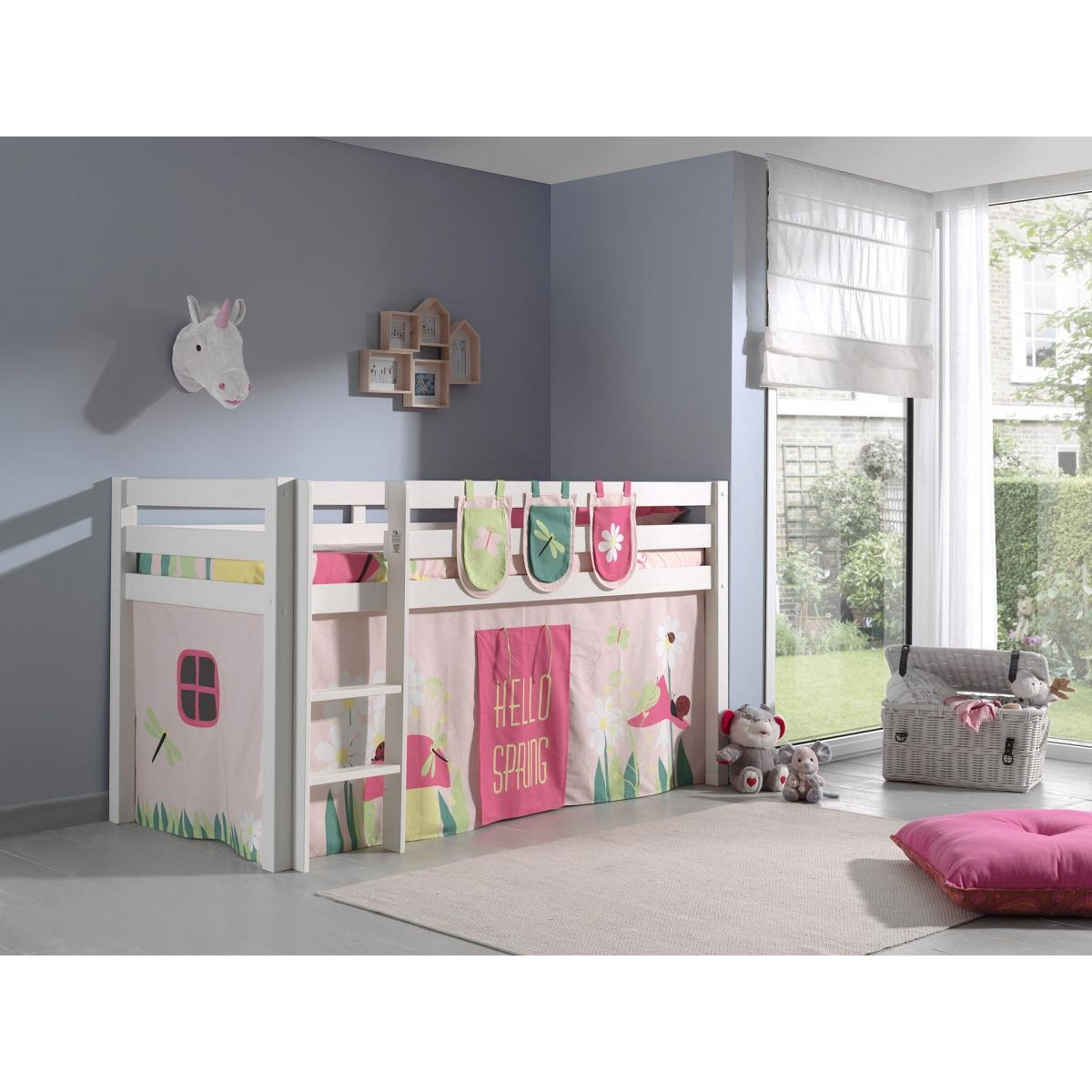 Lit sureleve avec sommier + Rideau de lit Spring + 3 Pochettes Spring couleur unique, VIPACK