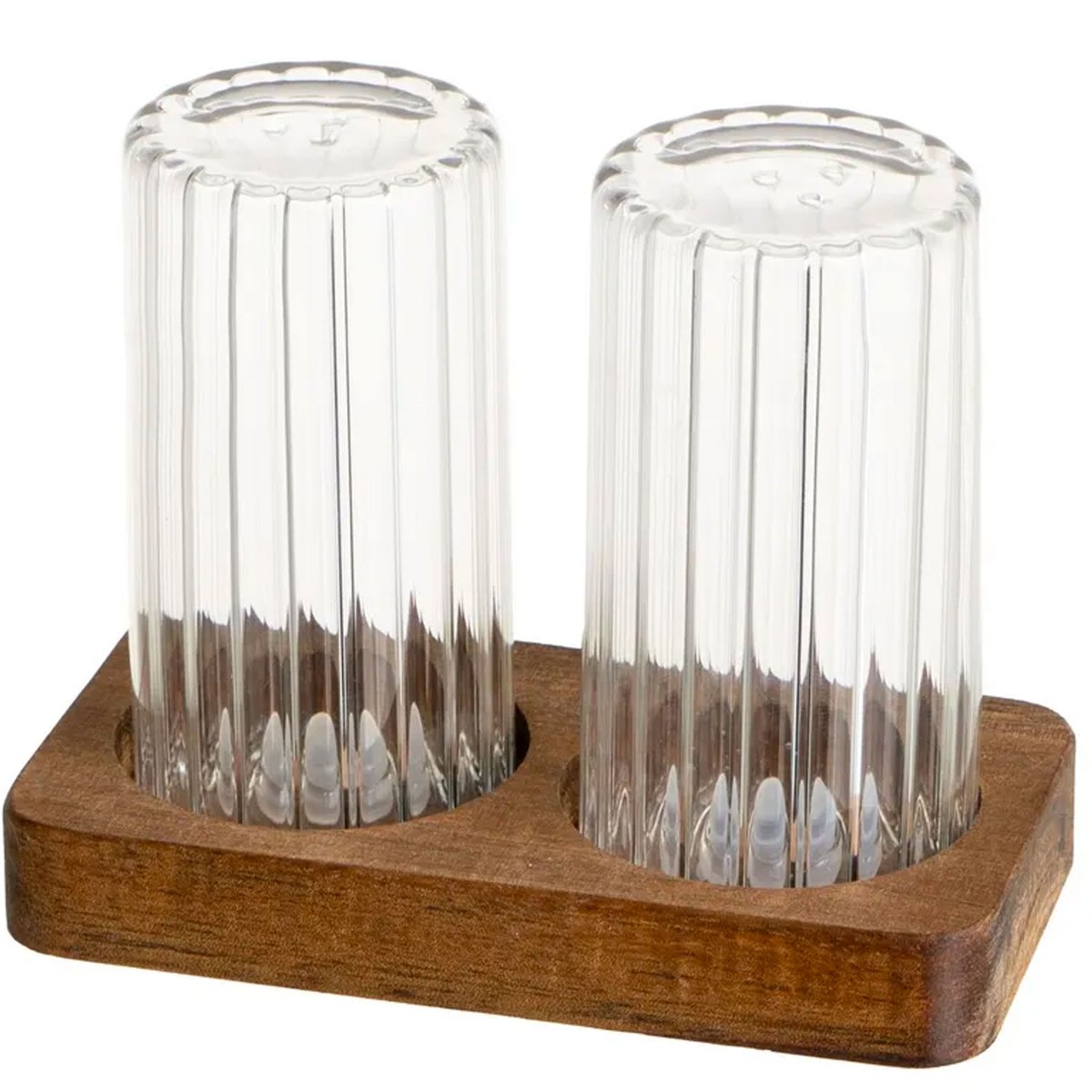 Salière et poivrière en verre strié et plateau bois 11x6x8.5cm transparent, WADIGA