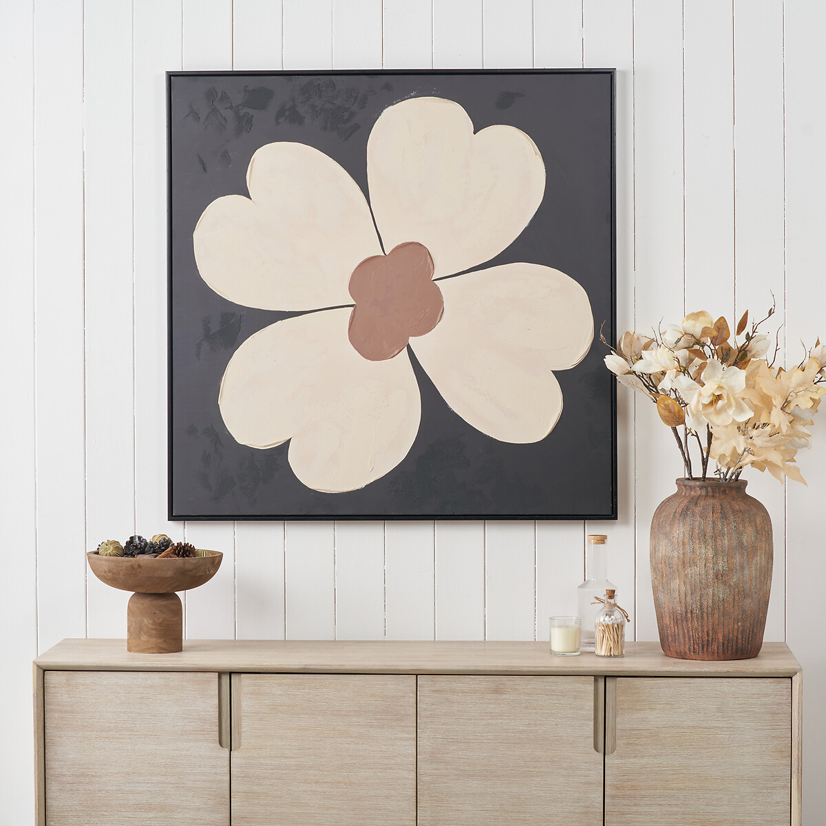 100cm Brown and Natural Large Flower Design Canvas with Black Frame brown , ÉDITÉ