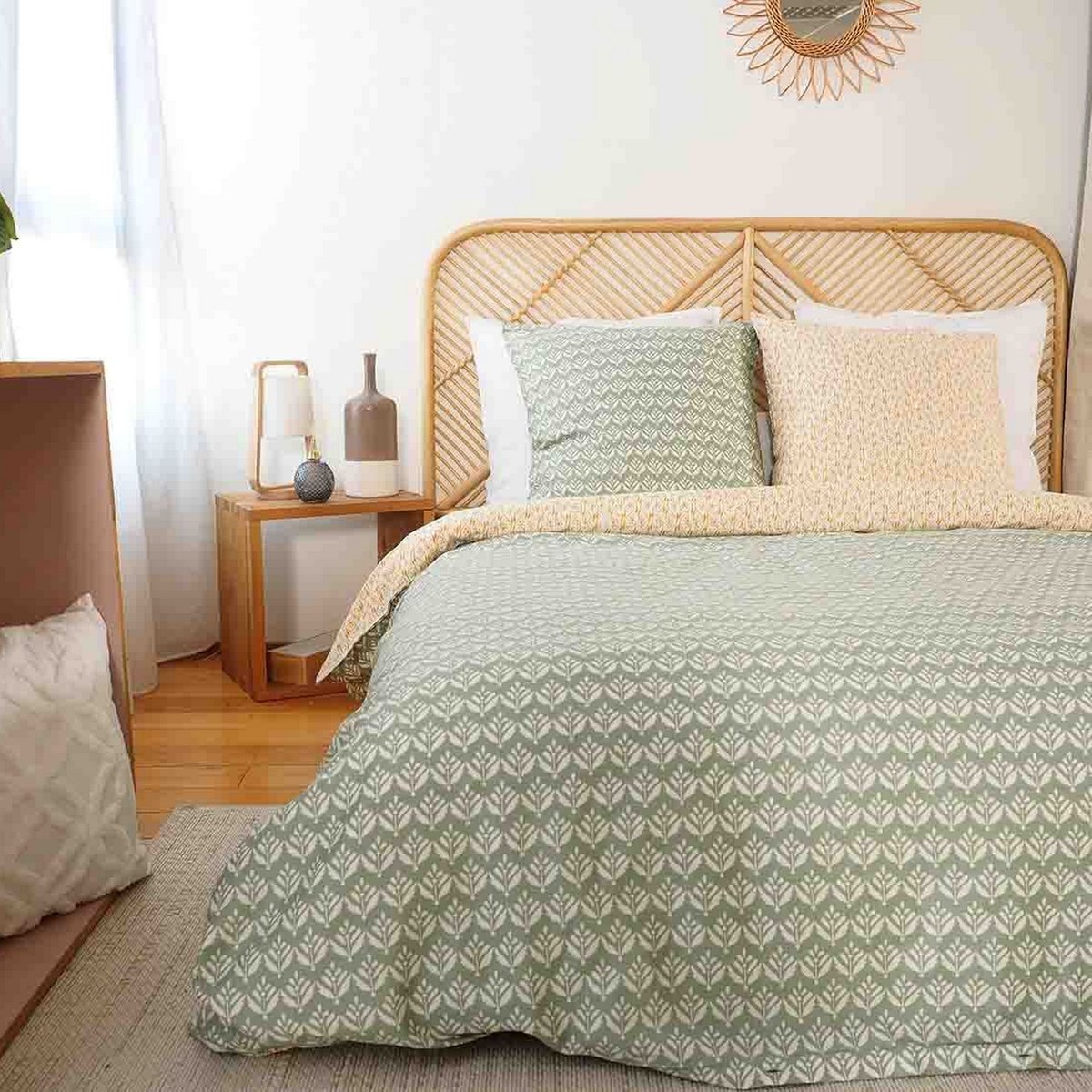 Parure de lit - housse de couette en satin de coton imprimée vert, EDEN