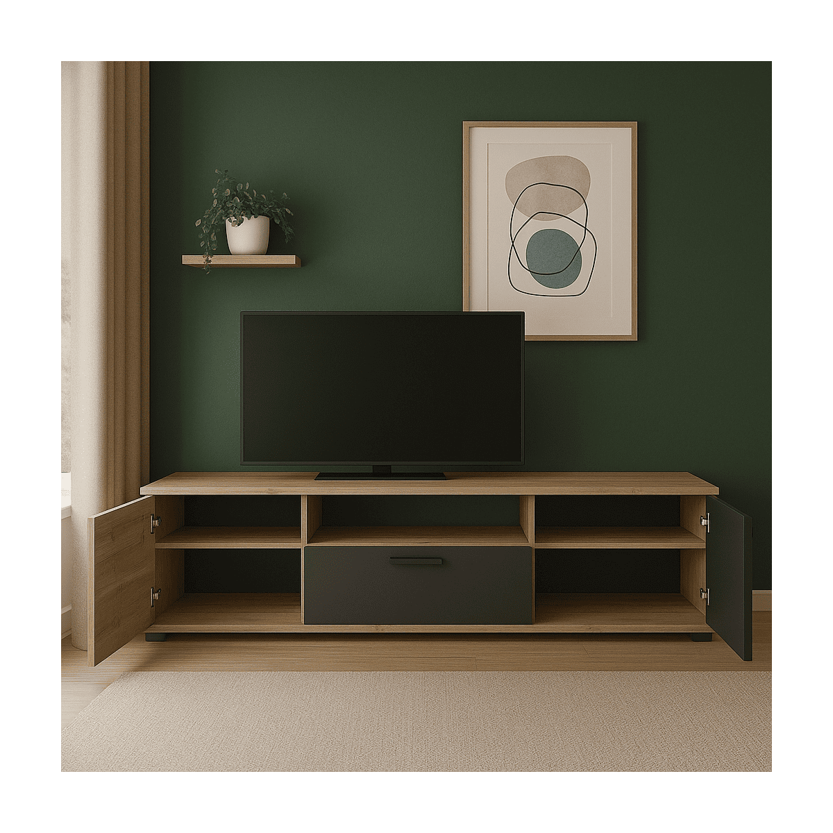 Meuble TV 2 portes et 1 niche L194 cm - MASON chene brosse/noir mat, CALICOSY
