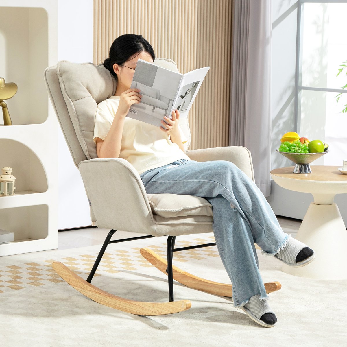 Fauteuil à bascule Chenille (100% polyester) beige, HOMCOM