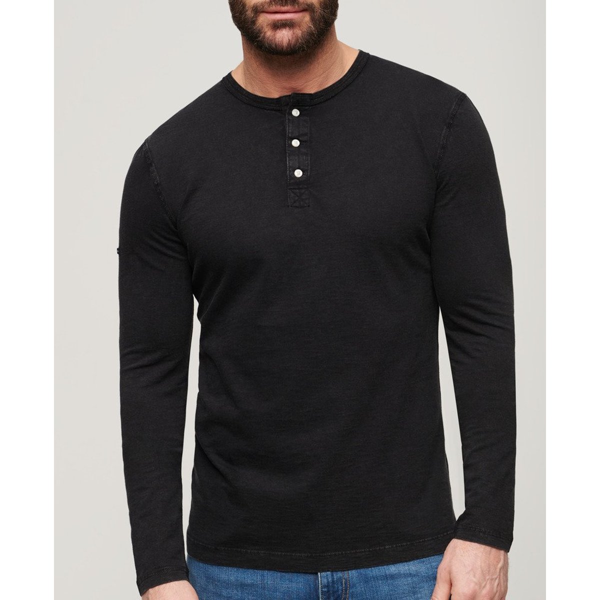 Haut col tunisien en jersey à manches longues noir, SUPERDRY