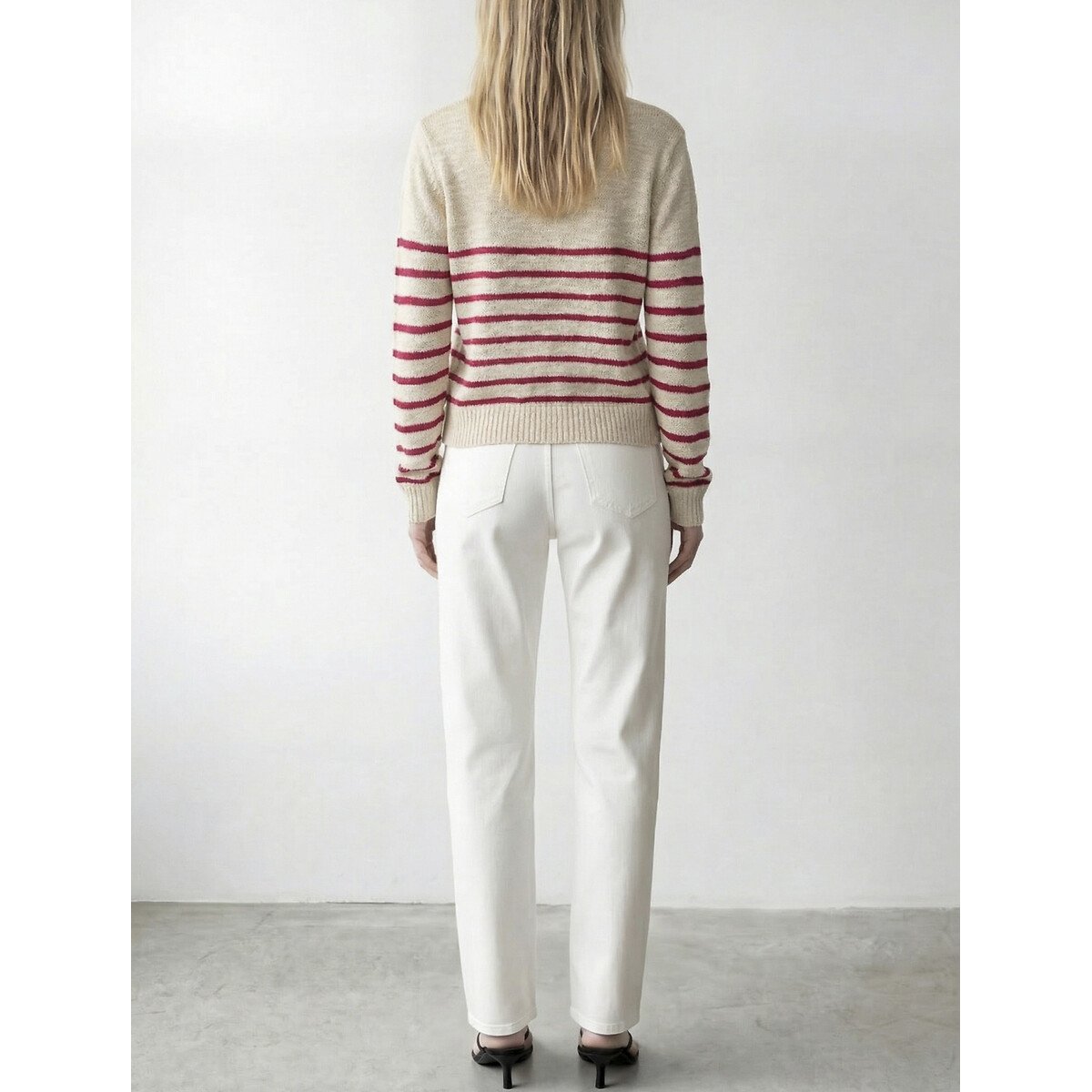 Pull rayé manches longues ecru/rose, VILA