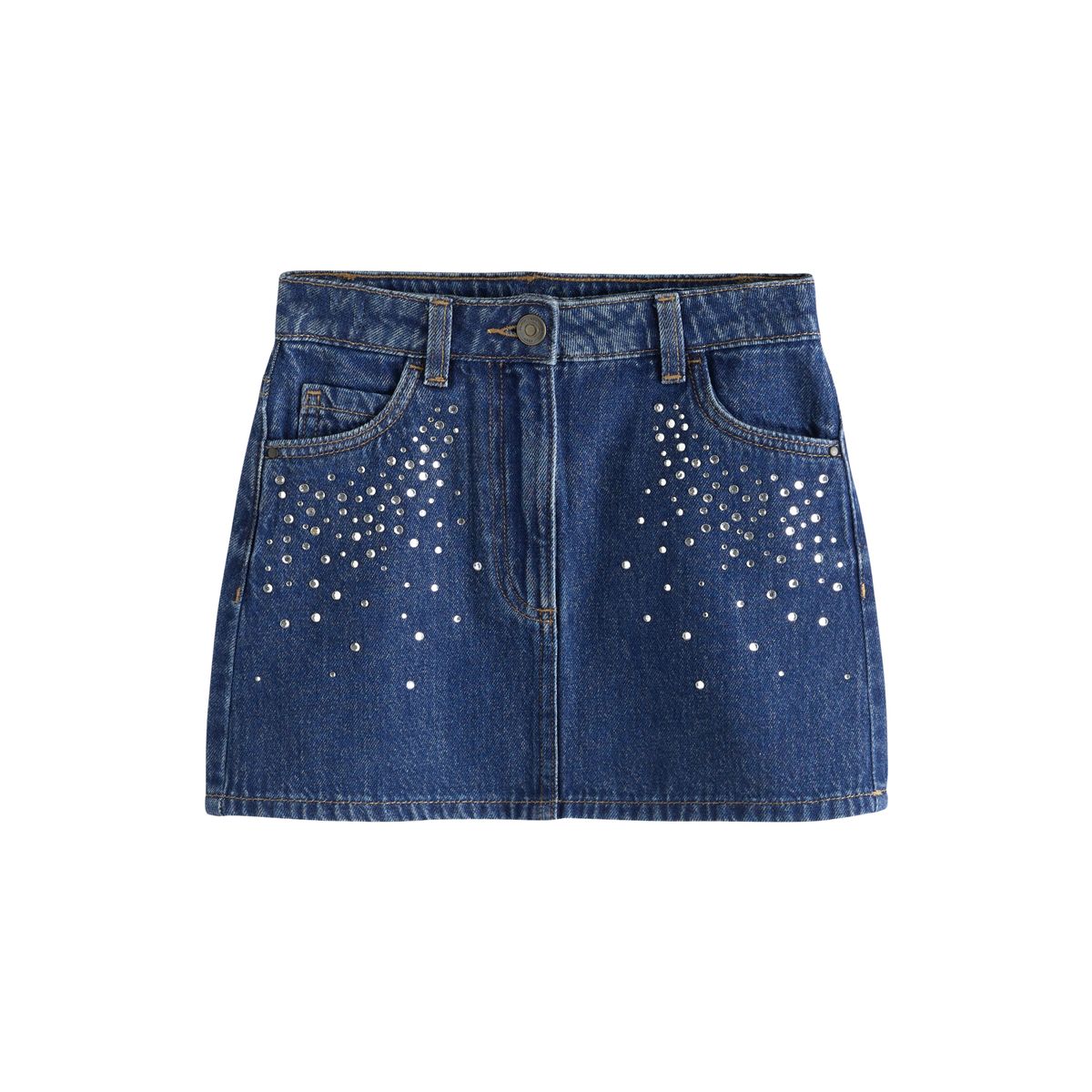 Jupe en denim détail de strass bleu moyen, NEXT