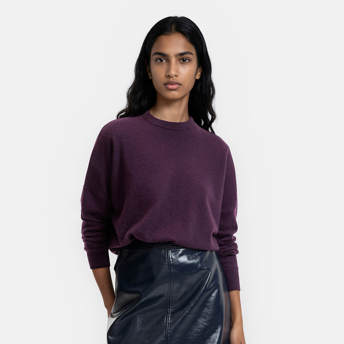 Camisola folgada em caxemira com gola redonda violeta-escuro, LA REDOUTE COLLECTIONS