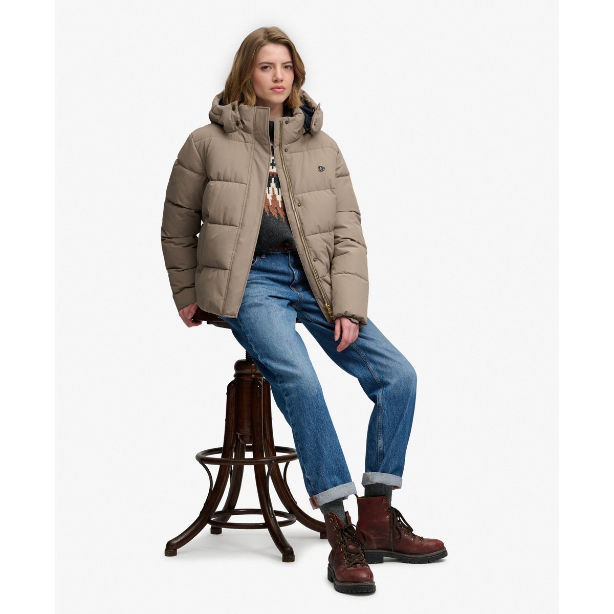 Doudoune à Capuche Premium brun roche délavé, SUPERDRY