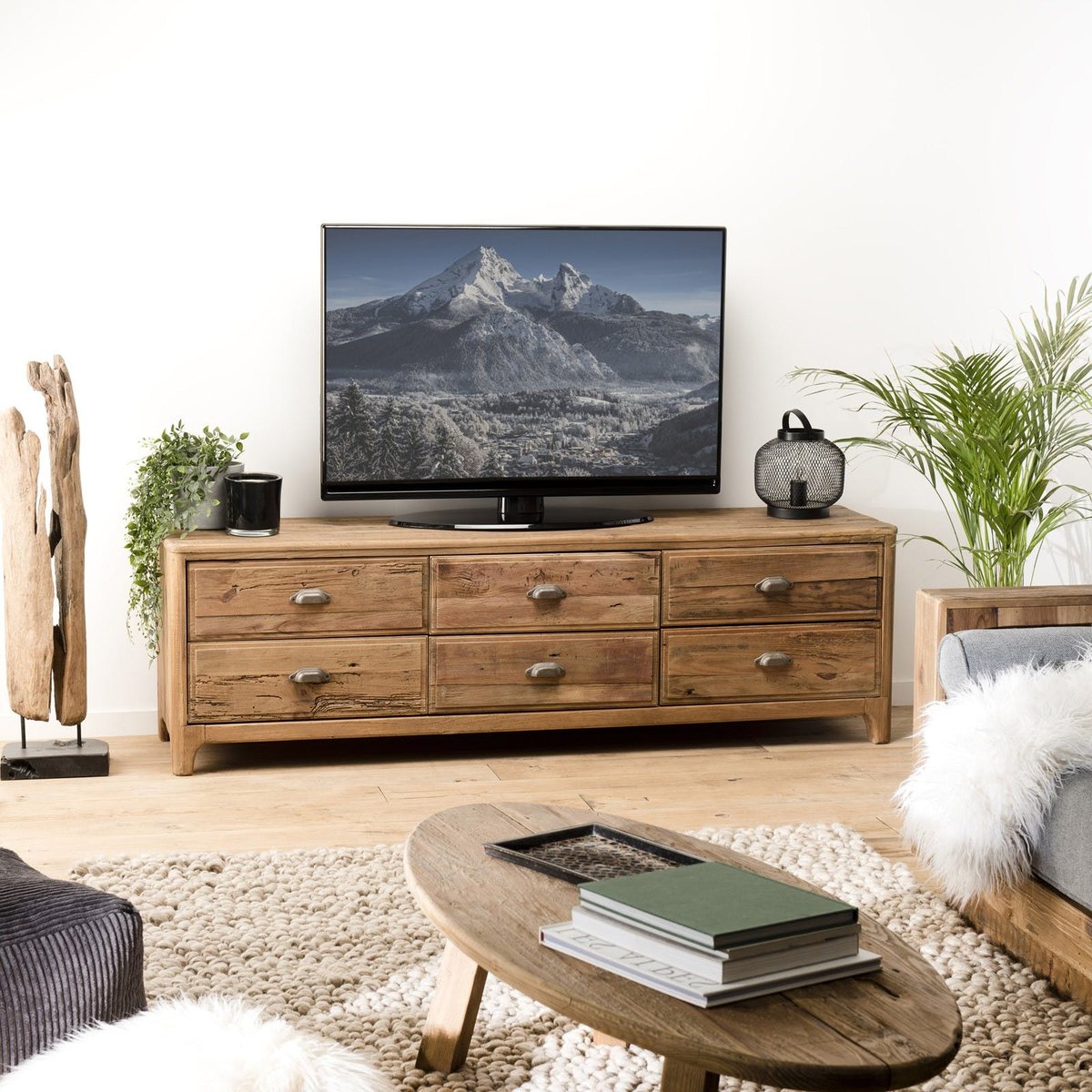 Meuble TV campagne en pin recyclé 6 tiroirs DENVER bois naturel, PIER IMPORT