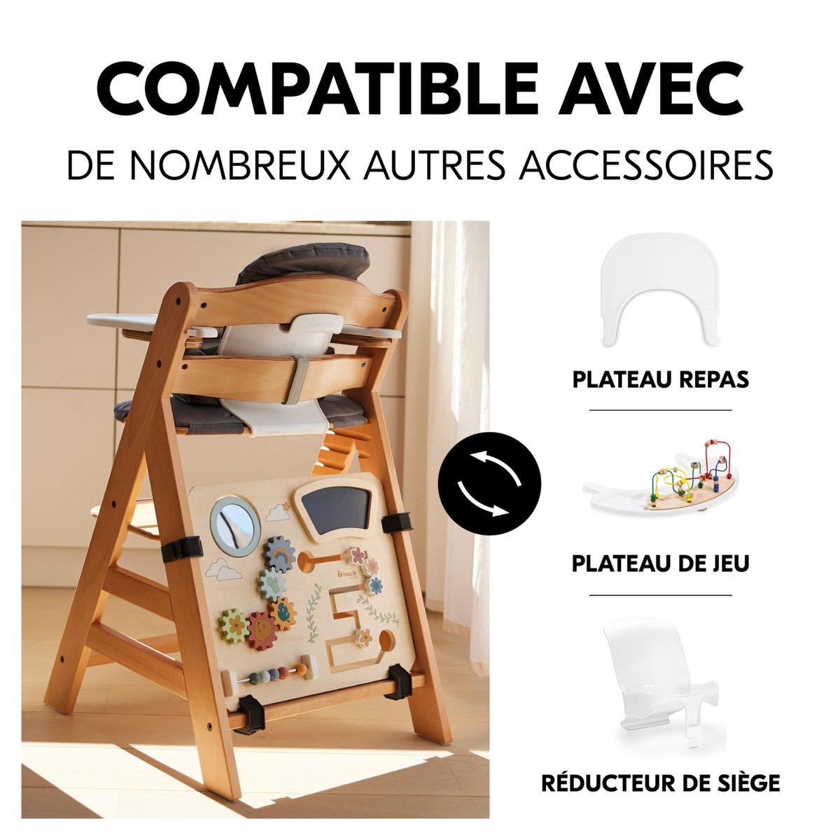 Chaise-haute Play Board en bois beige, HAUCK