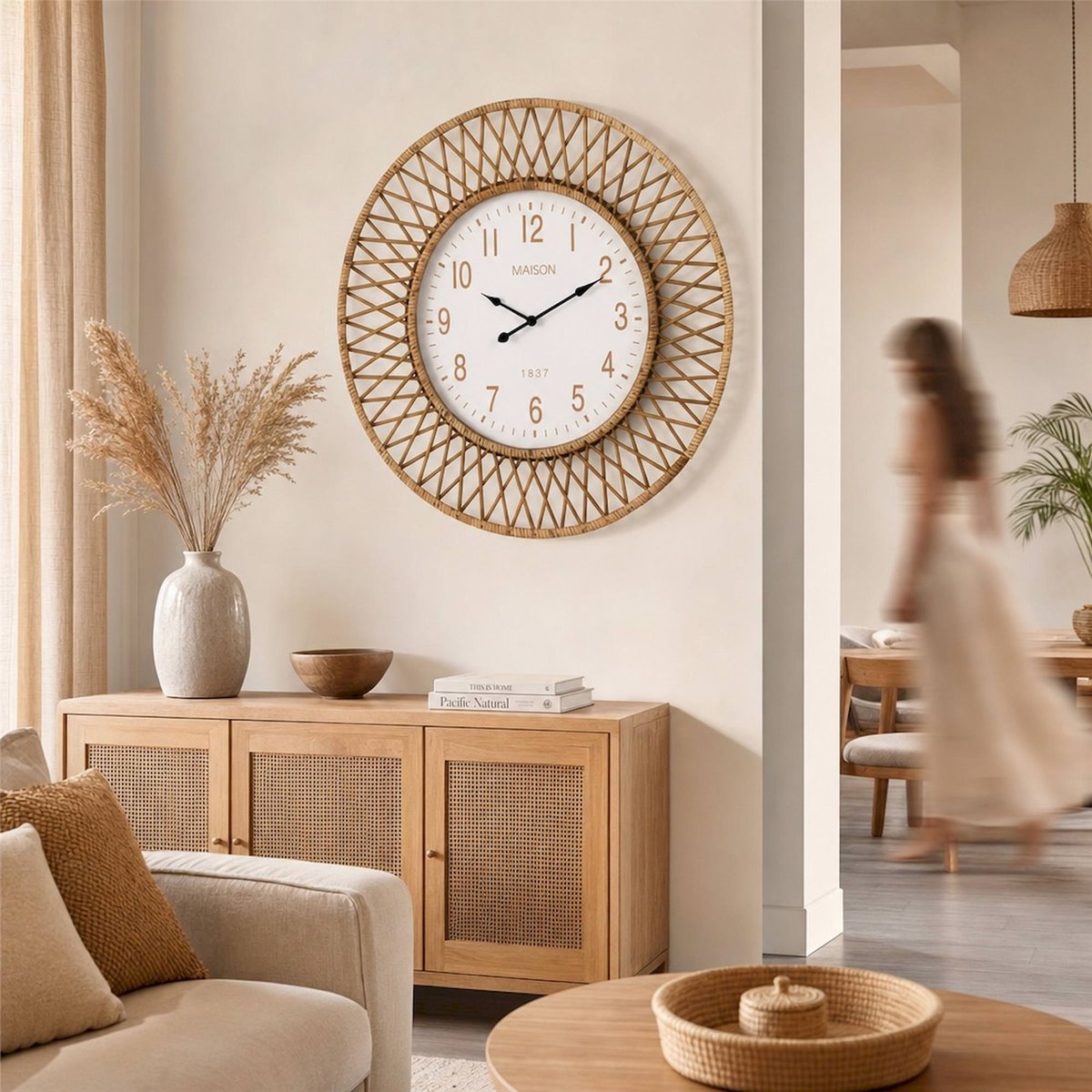 Horloge murale en rotin fait main naturel et blanc, RECOLLECTION