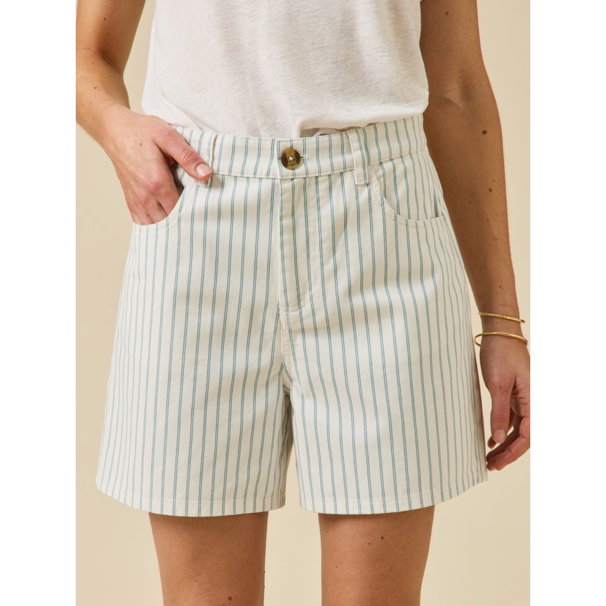 Short coton rayé rayure bleu/ecru, CYRILLUS
